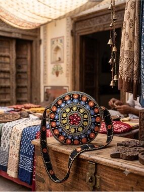 Round Embroidered Crossbody Bag - Multicolor